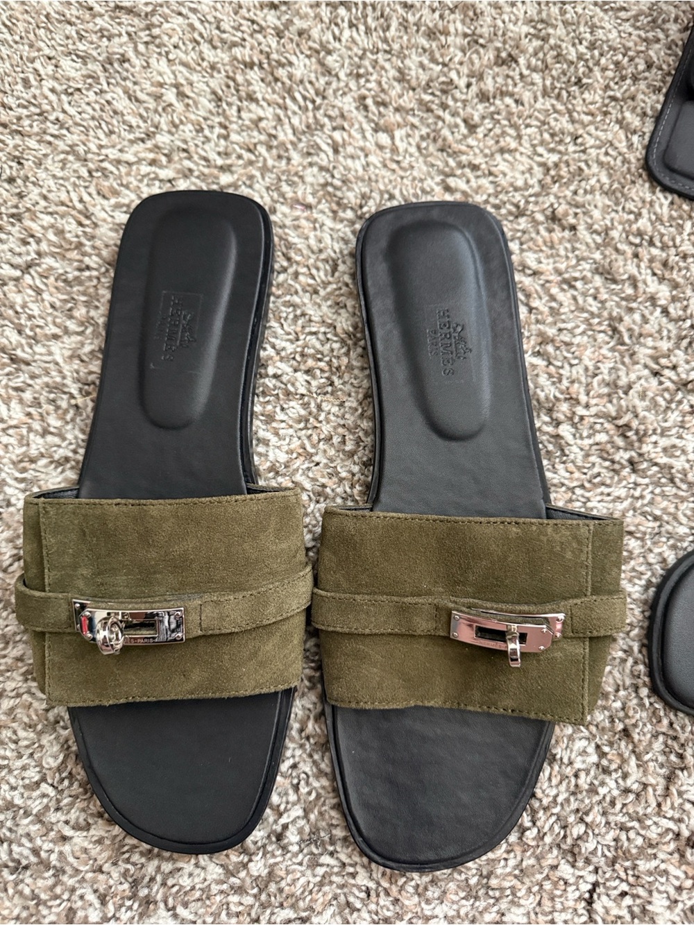 Hermes Olive Suede Slide Mules with Silver Hardware